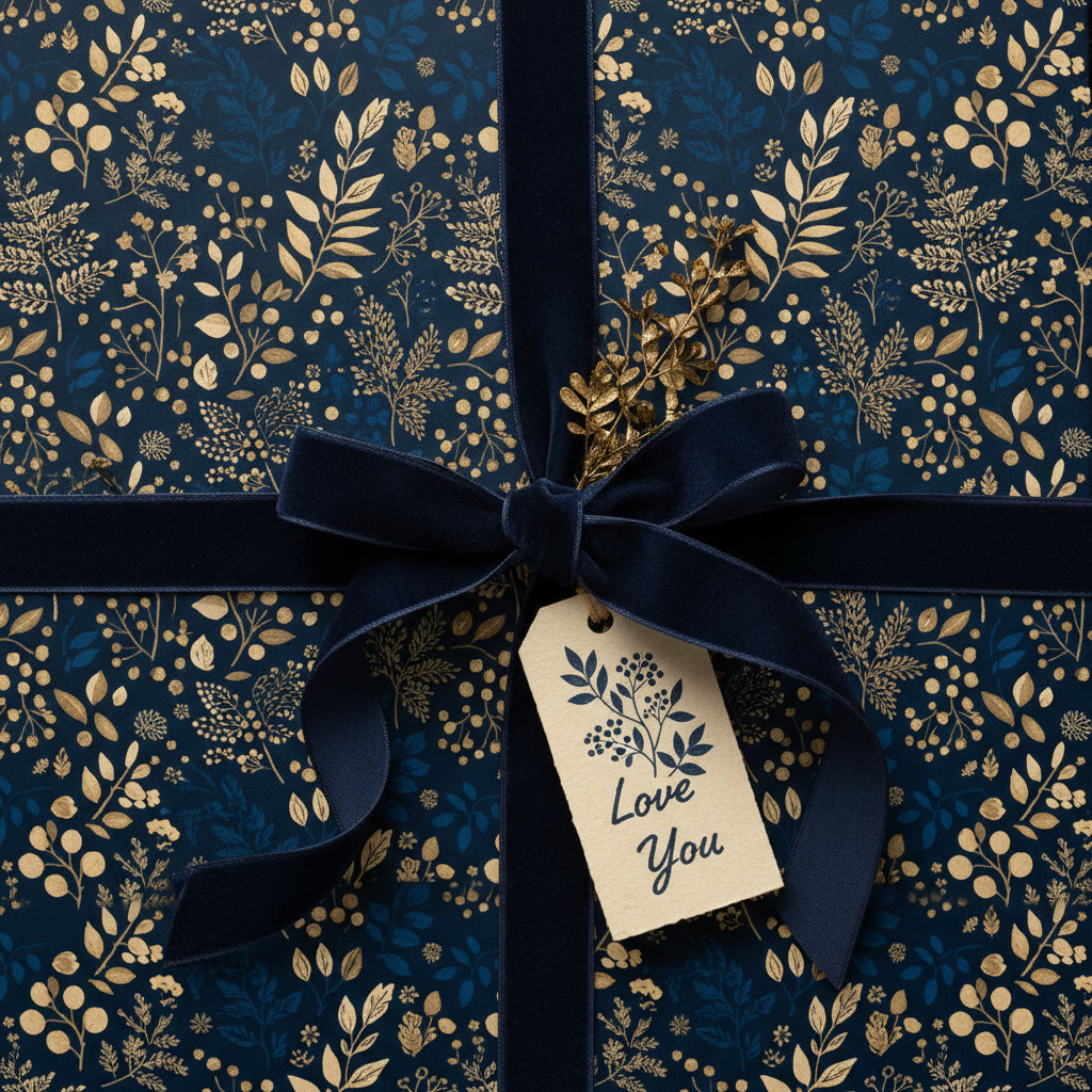 Elegant navy floral wrapping paper with velvet ribbon, gold accents, and "Love You" gift tag.