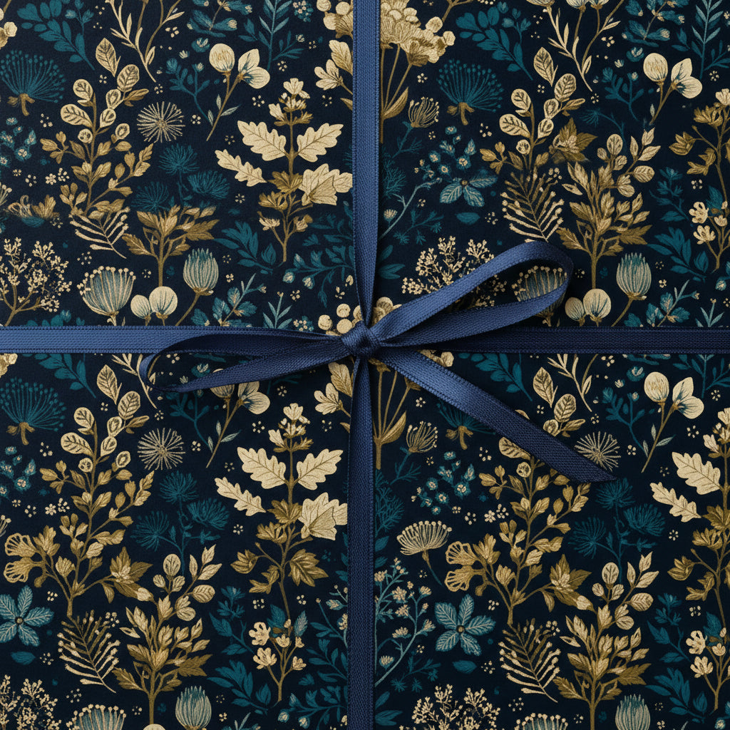Elegant floral wrapping paper with a dark navy background and gold, teal botanical pattern, tied with a blue ribbon.