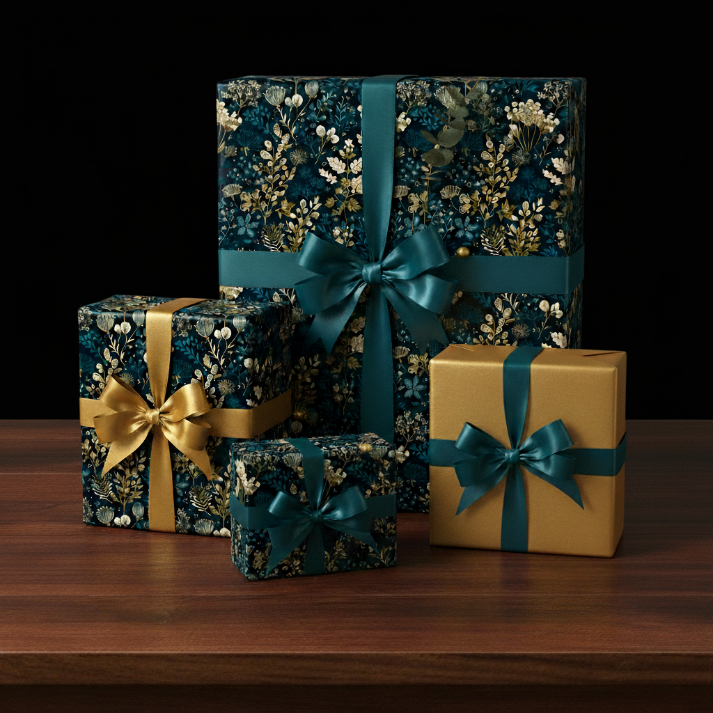Elegant gifts wrapped in dark floral wrapping paper with gold accents and teal ribbons.