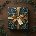 Elegant gift box wrapped in dark floral wrapping paper with gold ribbon and botanical tag.