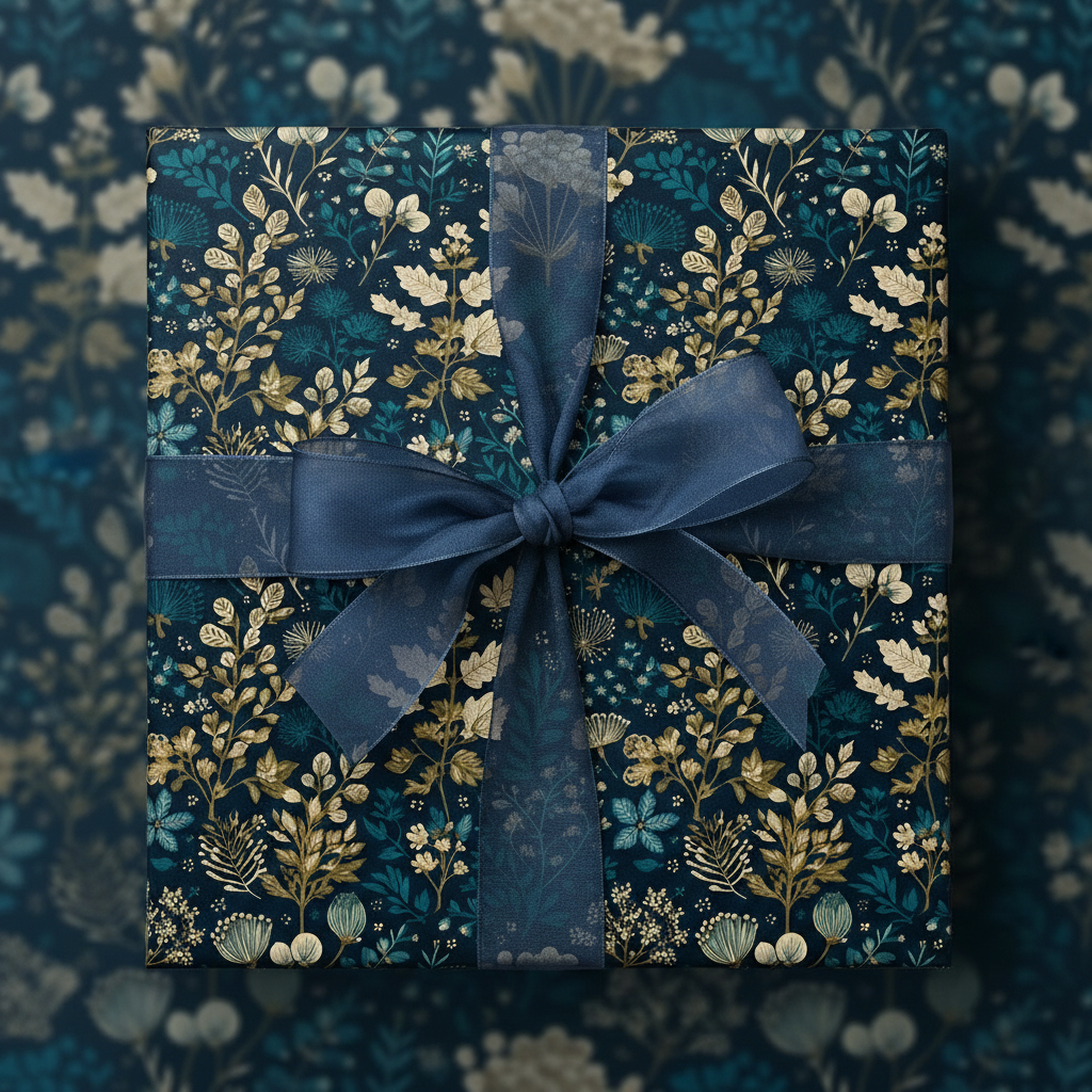 Elegant gift wrapped in dark teal floral wrapping paper, accented with a sheer blue ribbon and bow.