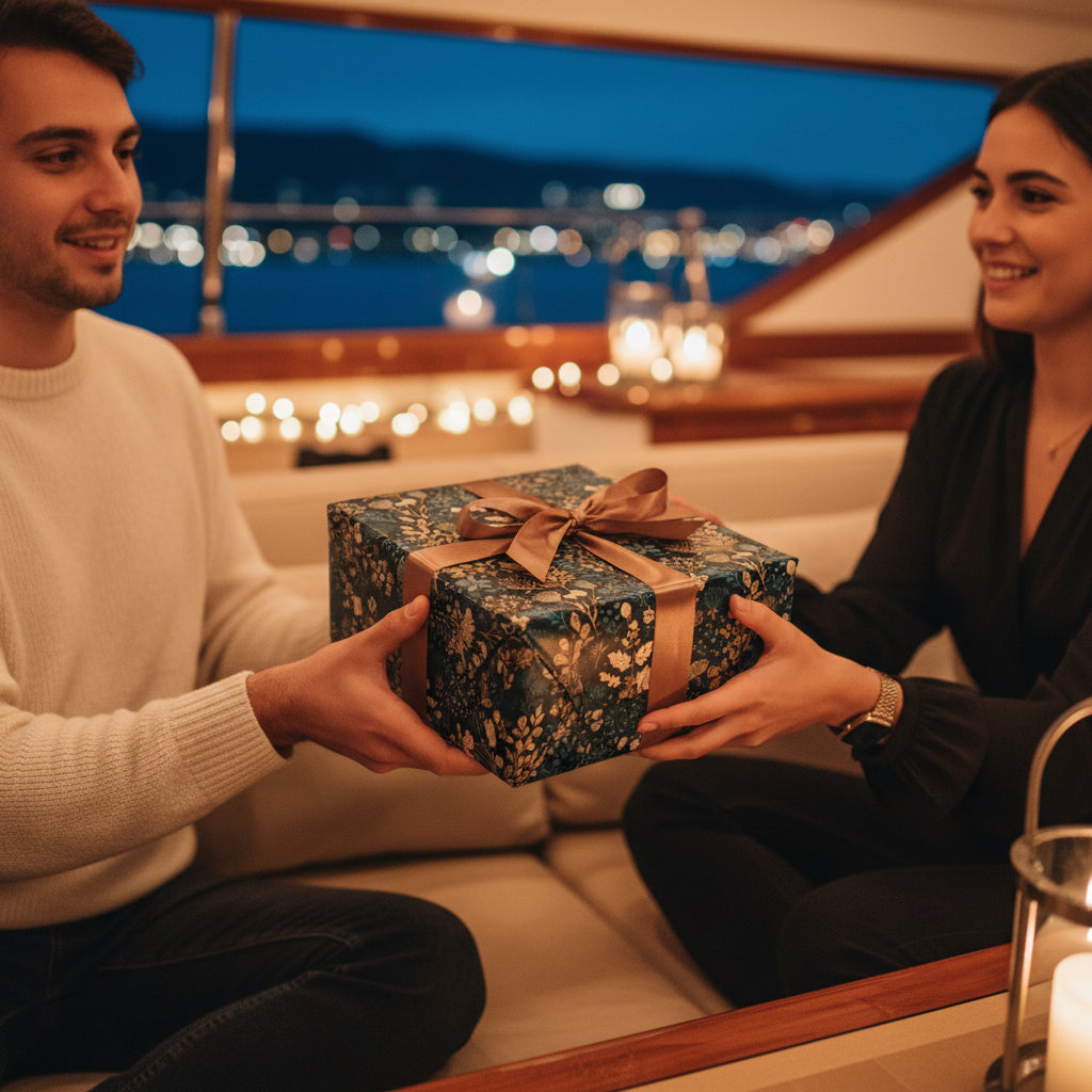 Woman receiving luxury gift wrapped in floral wrapping paper with gold ribbon.