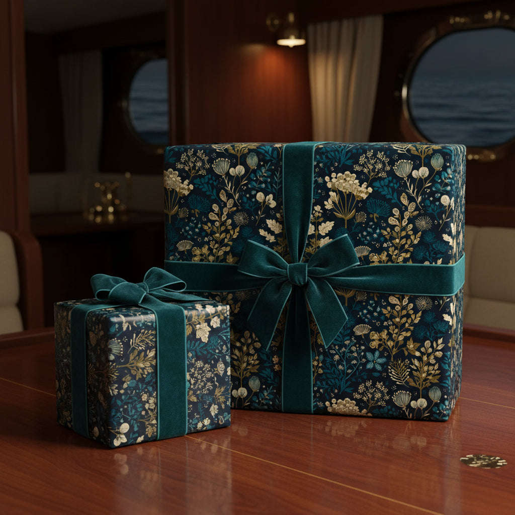 Elegant floral wrapping paper on gifts with teal velvet ribbon; dark botanical gift wrap for Christmas or birthday.