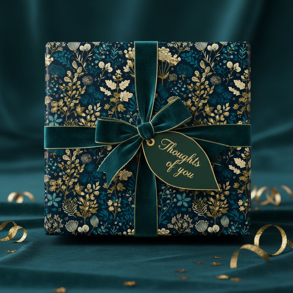 Elegant gift wrapped in dark teal floral wrapping paper, with a velvet ribbon and "Thoughts of you" tag.