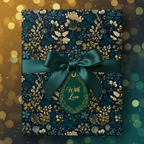 Elegant floral wrapping paper on a gift box with a dark green ribbon and a "With Love" tag.