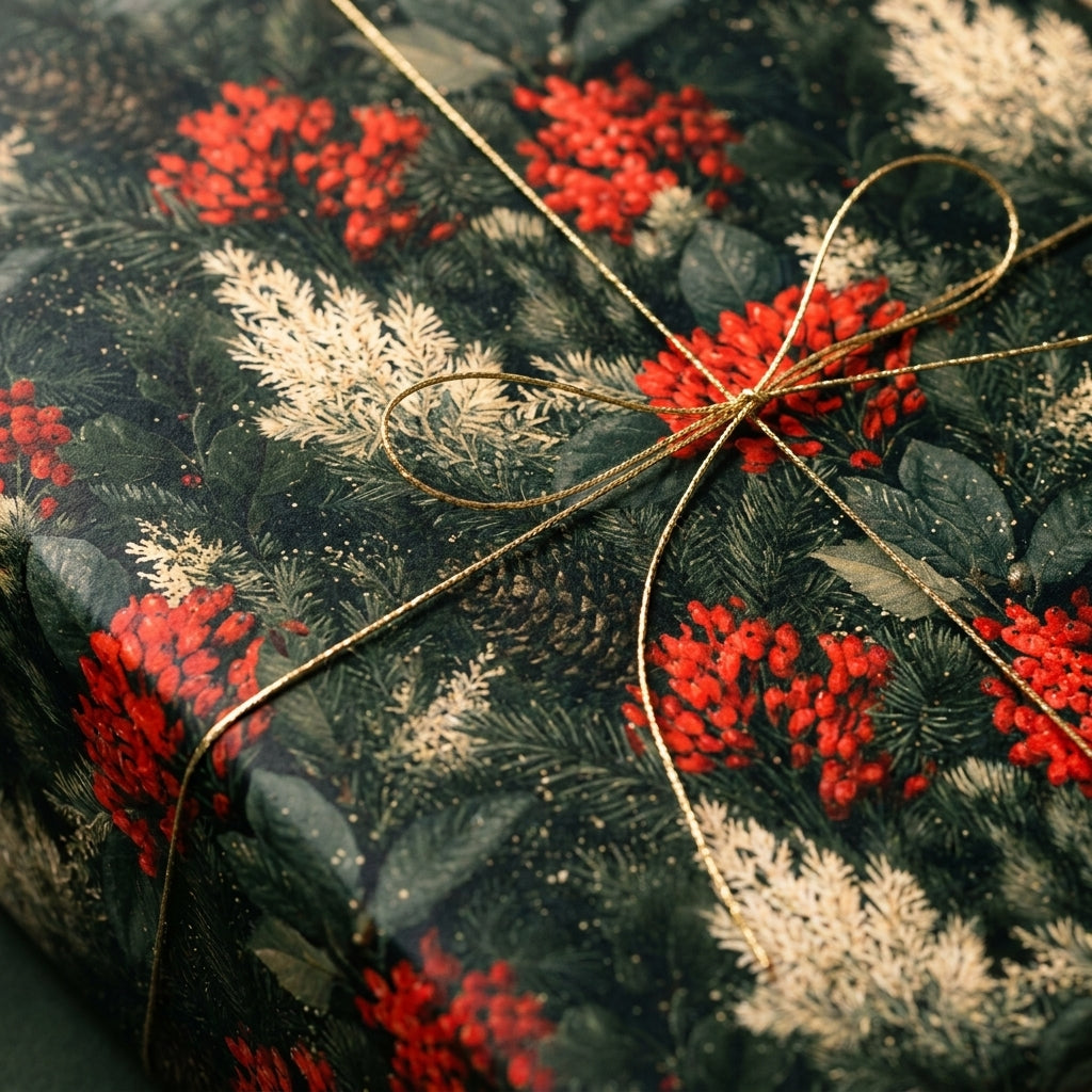Luxury botanical Christmas gift wrap with red berry pattern and gold string bow by Wrapped Studios.