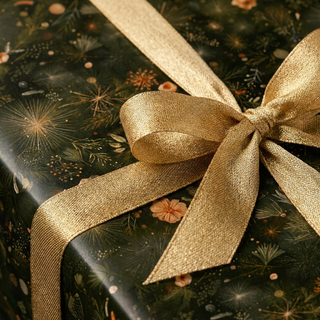 Luxury dark green botanical wrapping paper tied with a metallic gold ribbon by Wrapped Studios.