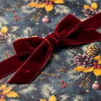 Vintage Christmas wrapping paper with a botanical pinecone print and red velvet bow by Wrapped Studios.