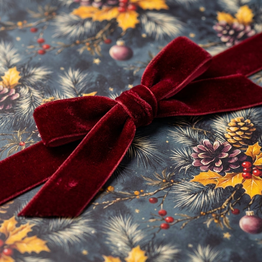 Vintage Christmas wrapping paper with a botanical pinecone print and red velvet bow by Wrapped Studios.