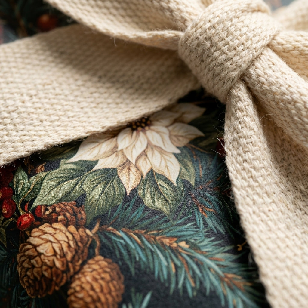 Rustic Christmas wrapping paper with pinecones and white poinsettia under a cream woven ribbon by Wrapped Studios.