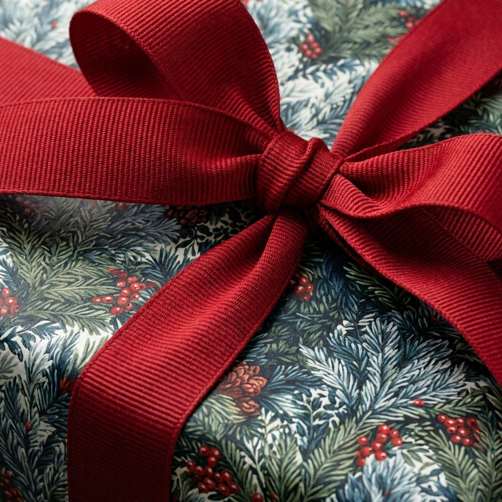 Luxury Christmas gift wrap with botanical pine pattern and red ribbon bow by Wrapped Studios.