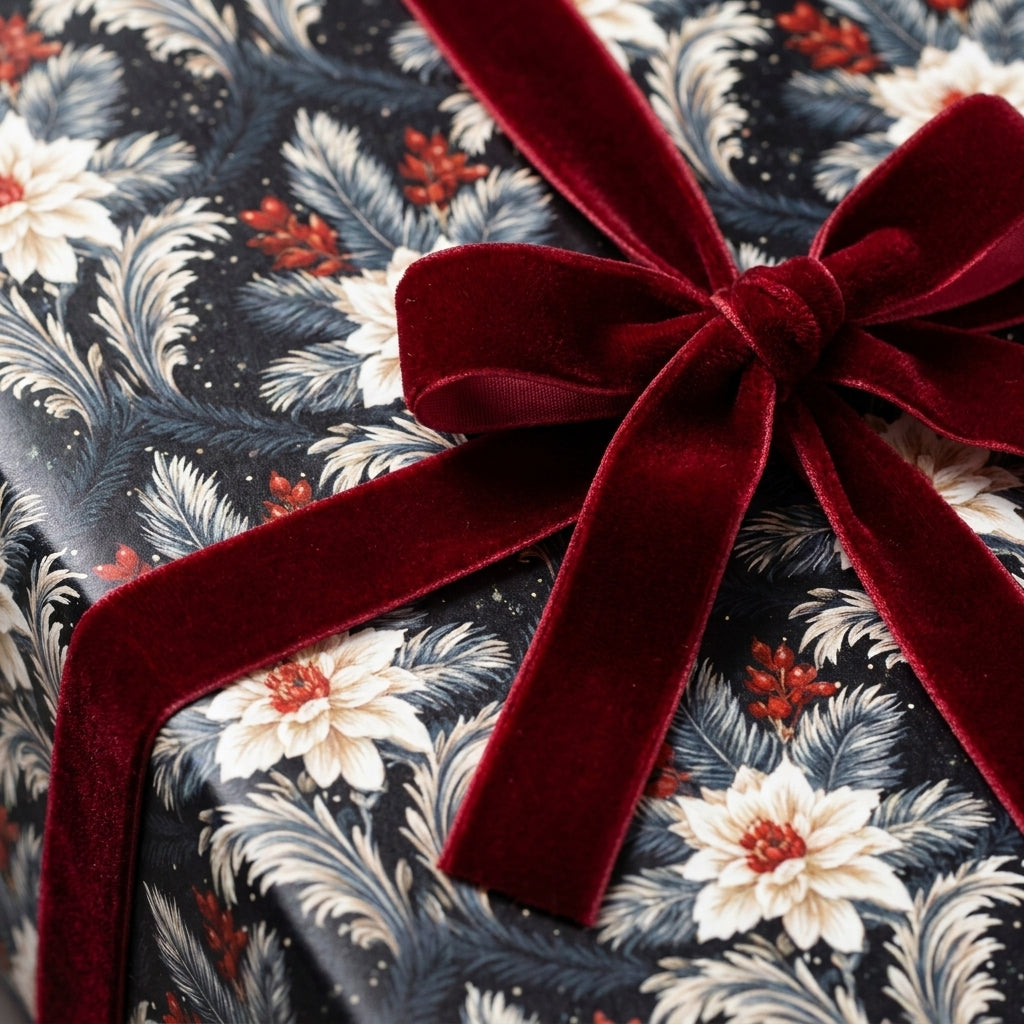 Luxury Christmas wrapping paper with a dark floral pattern and red velvet bow, by Wrapped Studios.