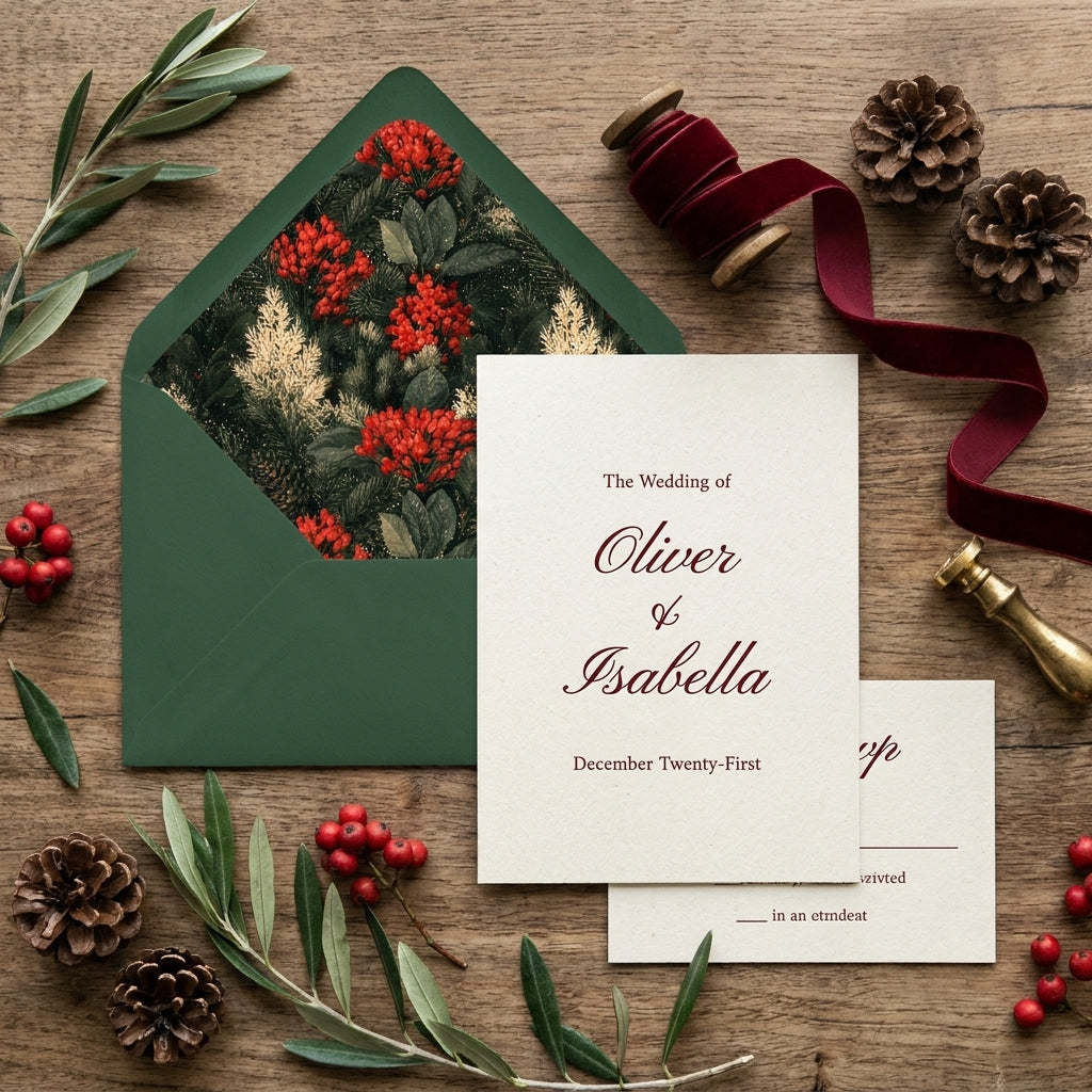 Elegant Christmas wedding invitation with botanical berry envelope liner and velvet ribbon by Wrapped Studios.