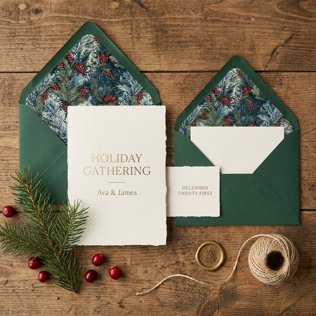 Elegant Christmas invitations with forest green envelopes and winter pine lining by Wrapped Studios.
