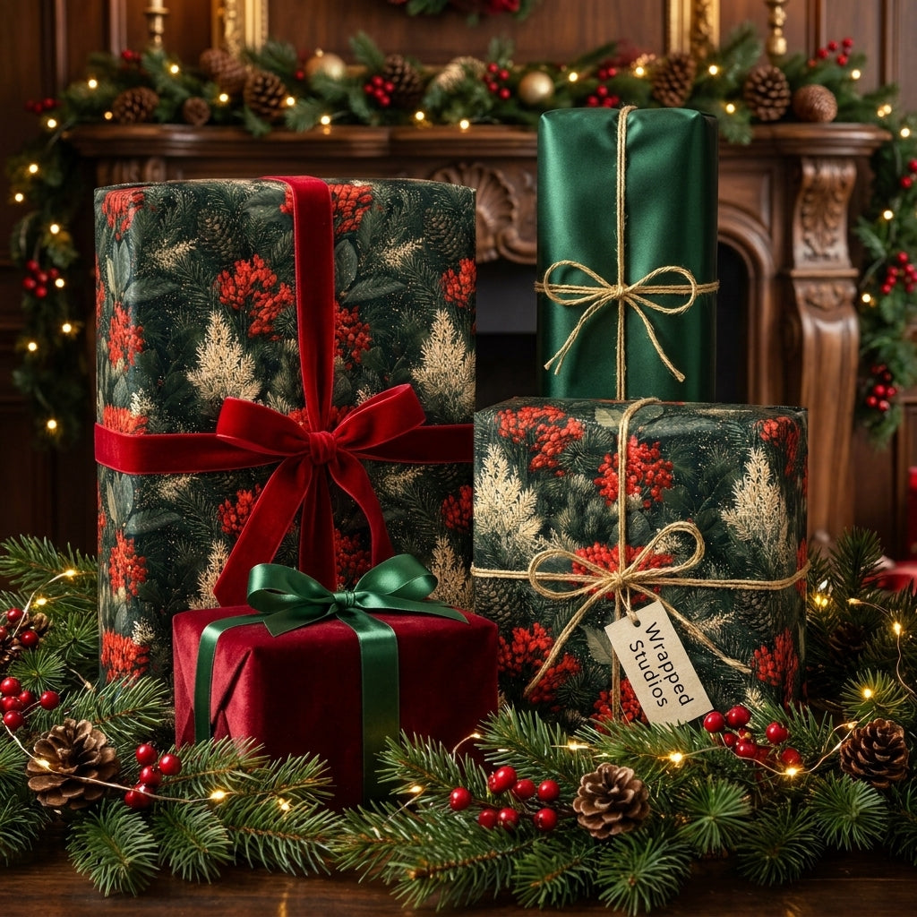 Luxury botanical Christmas wrapping paper with pine and berry patterns on presents by Wrapped Studios.