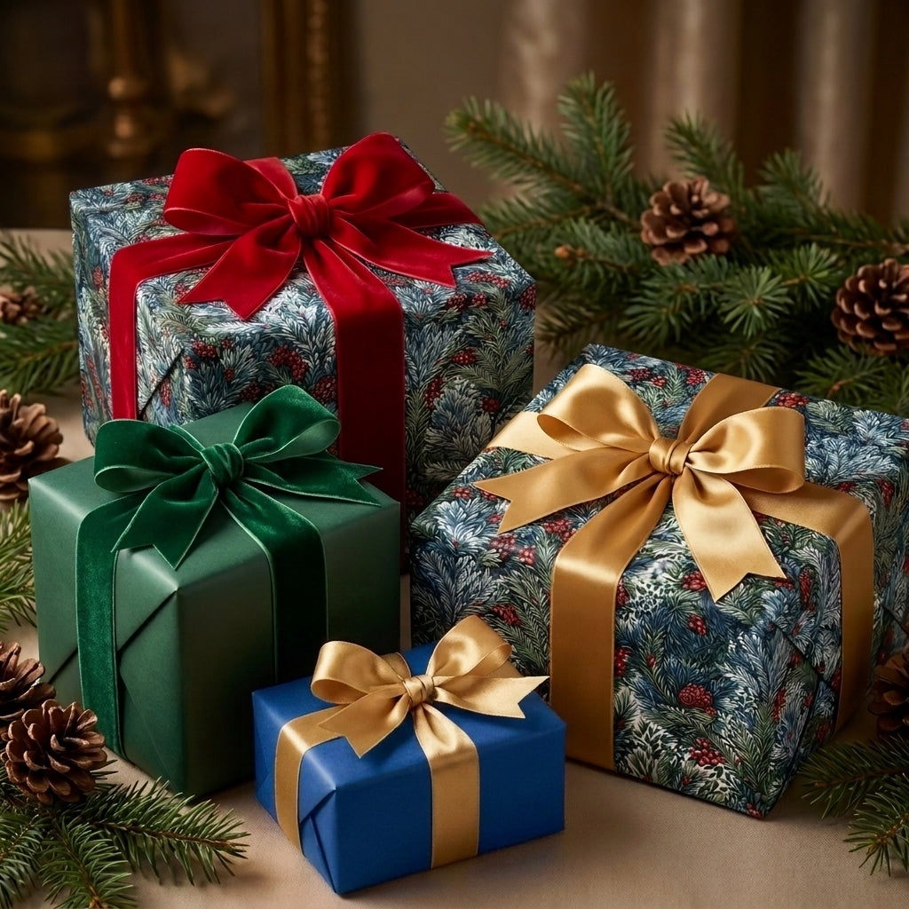 Luxury Christmas wrapping paper with pine botanical prints and velvet ribbons by Wrapped Studios.