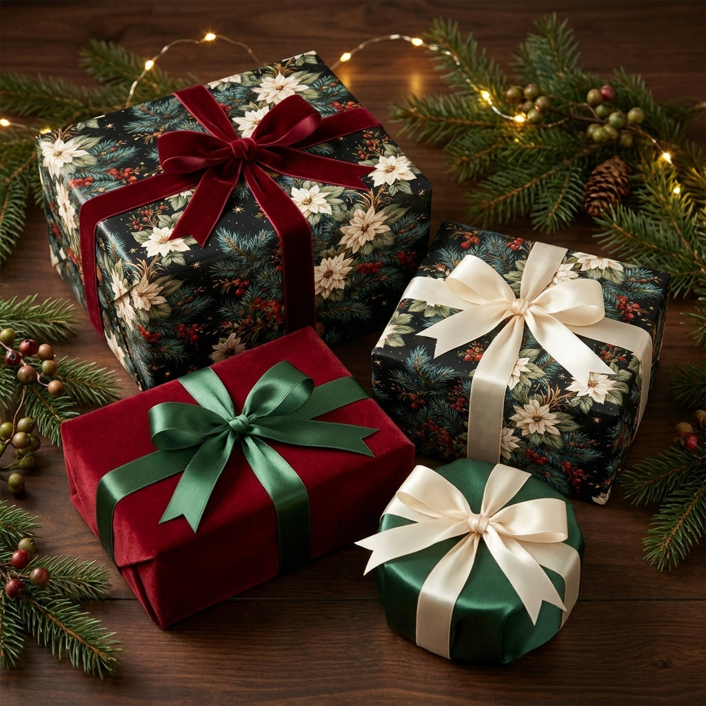 Luxury floral Christmas wrapping paper with elegant velvet and satin bows by Wrapped Studios.
