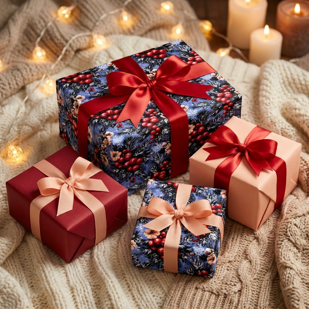 Luxury Christmas wrapping paper with winter floral pattern and red bows by Wrapped Studios.