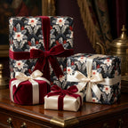 Luxury vintage Christmas gift wrap with cream florals and burgundy velvet bows by Wrapped Studios.