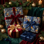 Luxury navy blue botanical Christmas wrapping paper with velvet ribbons by Wrapped Studios.