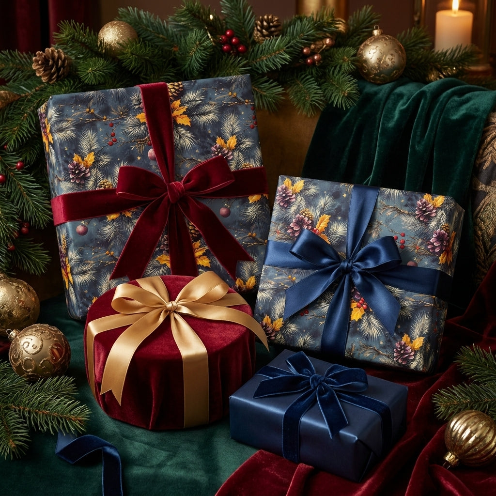 Luxury navy blue botanical Christmas wrapping paper with velvet ribbons by Wrapped Studios.