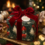 Luxury Christmas gift wrap with botanical pine and berry pattern, tied with a red velvet bow by Wrapped Studios.
