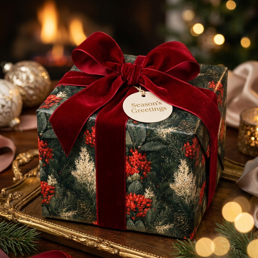 Luxury Christmas gift wrap with botanical pine and berry pattern, tied with a red velvet bow by Wrapped Studios.