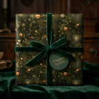 Luxury green botanical wrapping paper with velvet bow and Wrapped Studios gift tag.