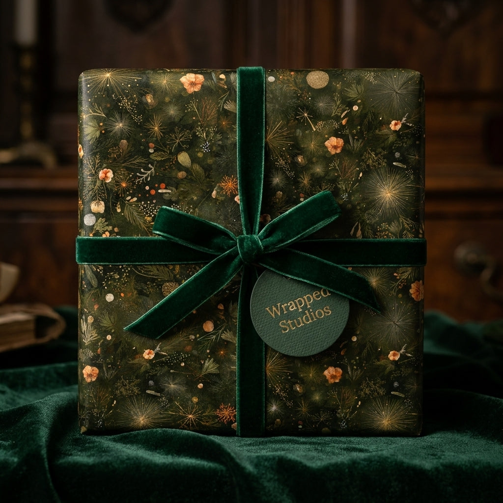 Luxury green botanical wrapping paper with velvet bow and Wrapped Studios gift tag.