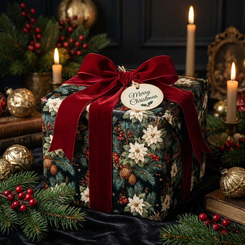 Vintage Christmas wrapping paper with white poinsettias and a red velvet bow, from Wrapped Studios.