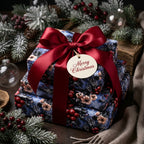 Elegant blue floral Christmas wrapping paper with a red satin bow on stacked gifts, by Wrapped Studios.