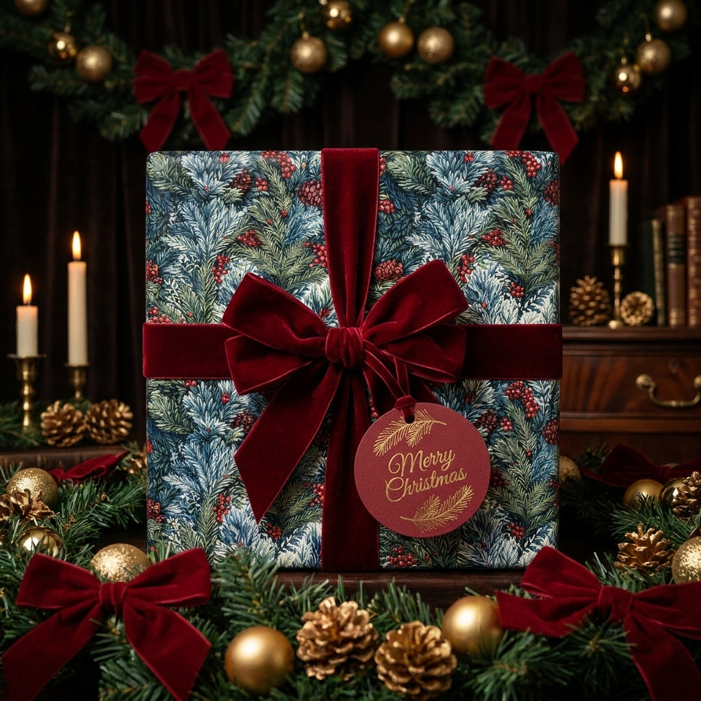 Luxury botanical Christmas wrapping paper with a red velvet bow by Wrapped Studios.