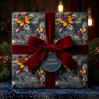 Luxury Christmas wrapping paper with vintage botanical print and red velvet bow by Wrapped Studios.
