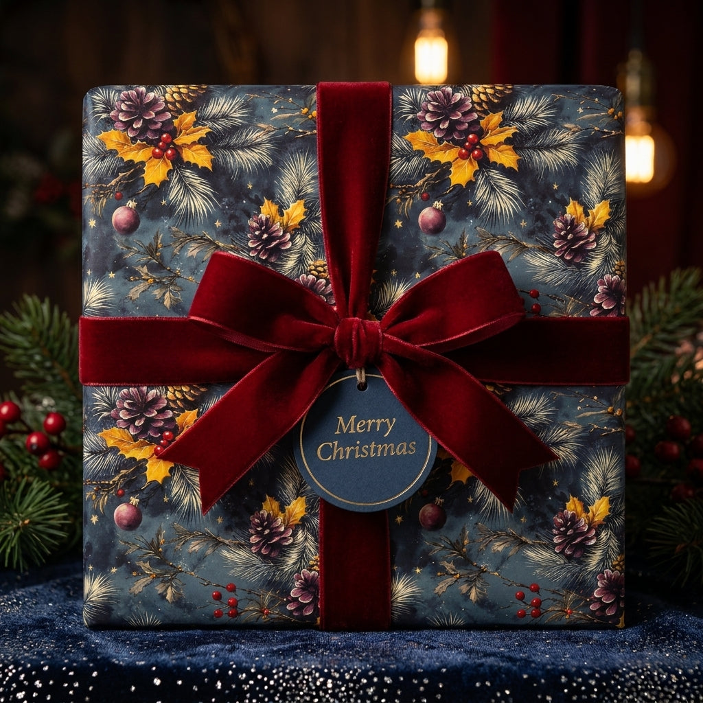 Luxury Christmas wrapping paper with vintage botanical print and red velvet bow by Wrapped Studios.