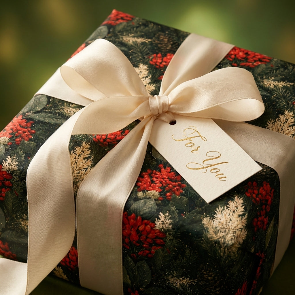 Luxury Christmas gift wrap with botanical red berry pattern and cream satin bow by Wrapped Studios.