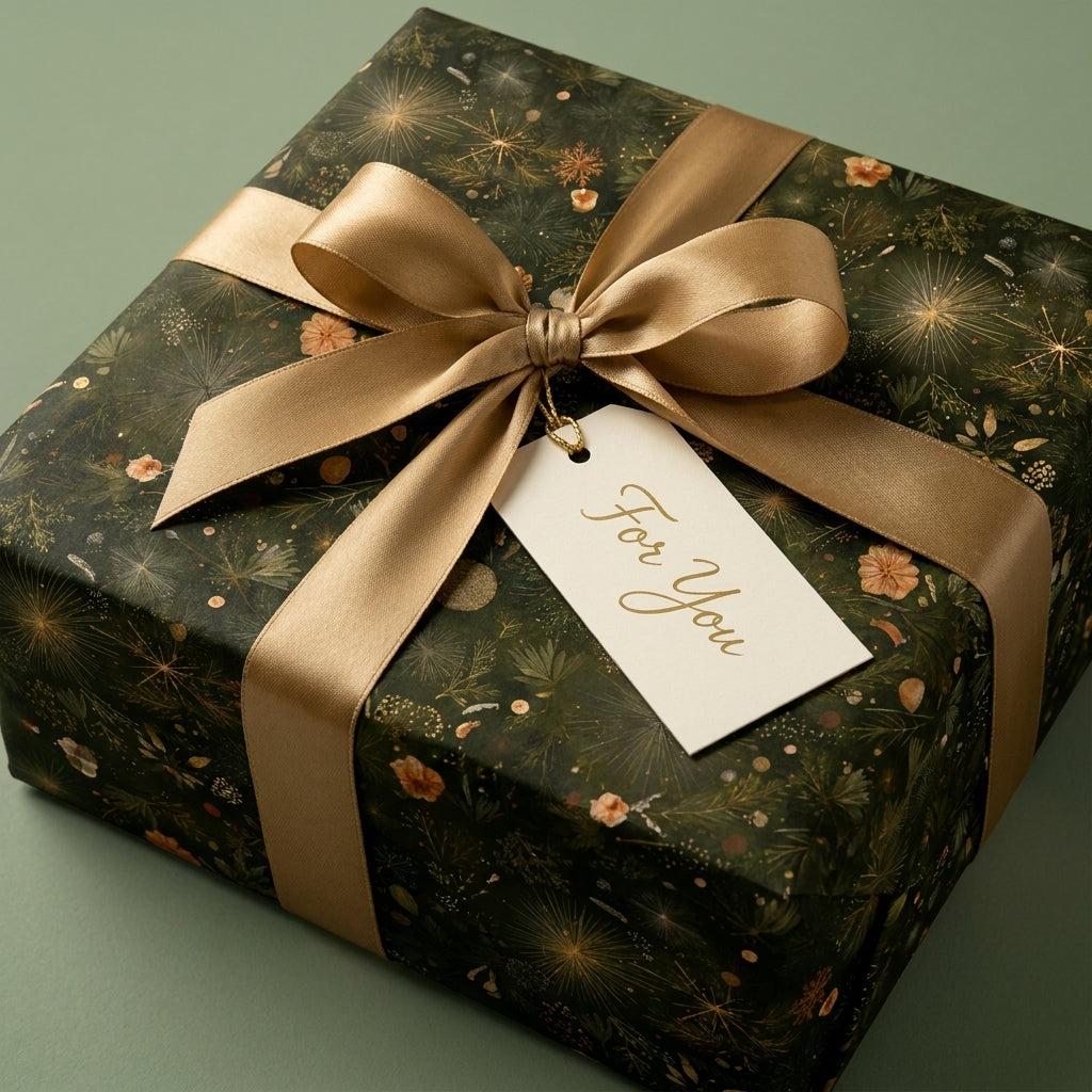 Elegant dark green botanical Christmas wrapping paper with a gold satin ribbon and tag by Wrapped Studios.