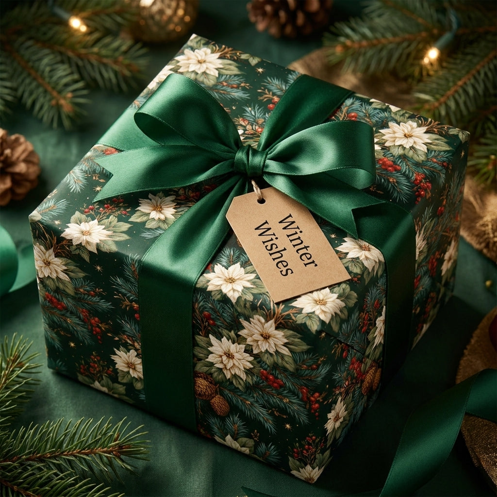 Luxury Christmas wrapping paper with green floral poinsettia pattern and satin bow by Wrapped Studios.