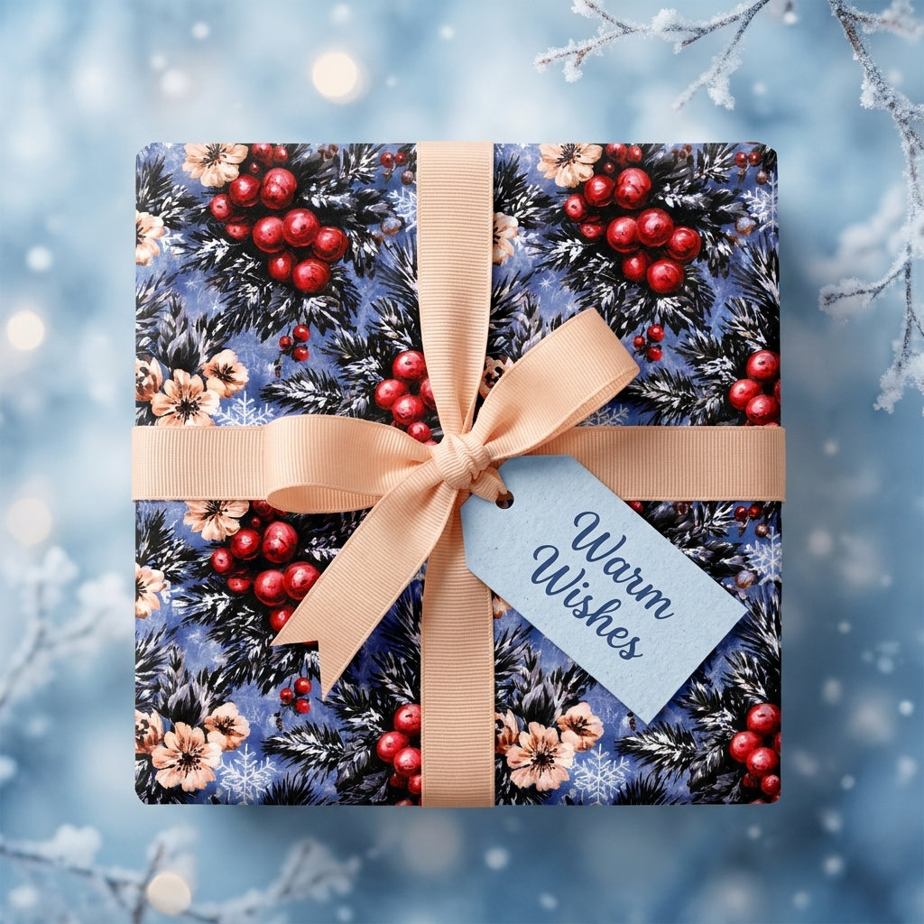 Elegant blue floral Christmas wrapping paper with a peach bow and Warm Wishes tag by Wrapped Studios.
