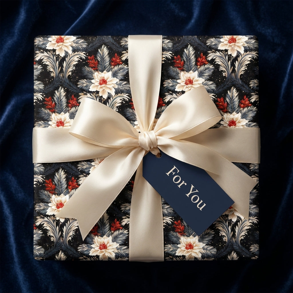 Elegant floral Christmas wrapping paper with cream satin bow and "For You" tag by Wrapped Studios.