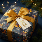 Navy botanical Christmas wrapping paper with gold ribbon and Warm Wishes tag by Wrapped Studios.