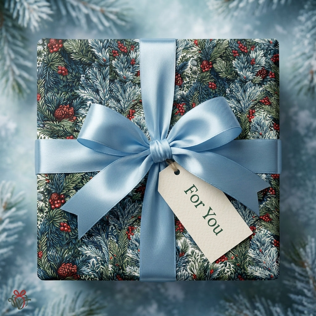 Luxury Christmas wrapping paper with botanical pine pattern and blue satin bow by Wrapped Studios.