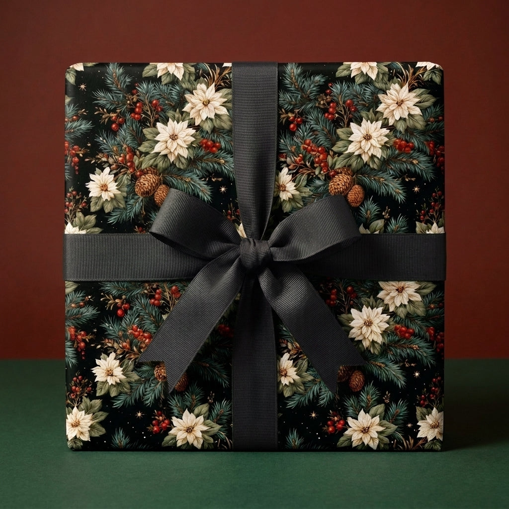 Luxury Christmas wrapping paper with botanical poinsettias and black bow. Holiday gift wrap by Wrapped Studios.