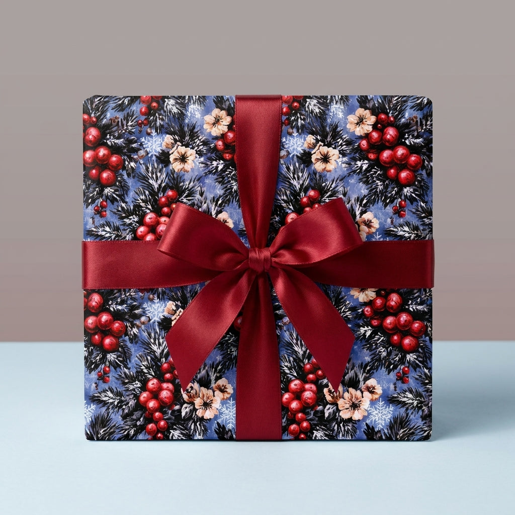 Luxury Christmas gift wrap with blue botanical berry pattern and red satin bow by Wrapped Studios.