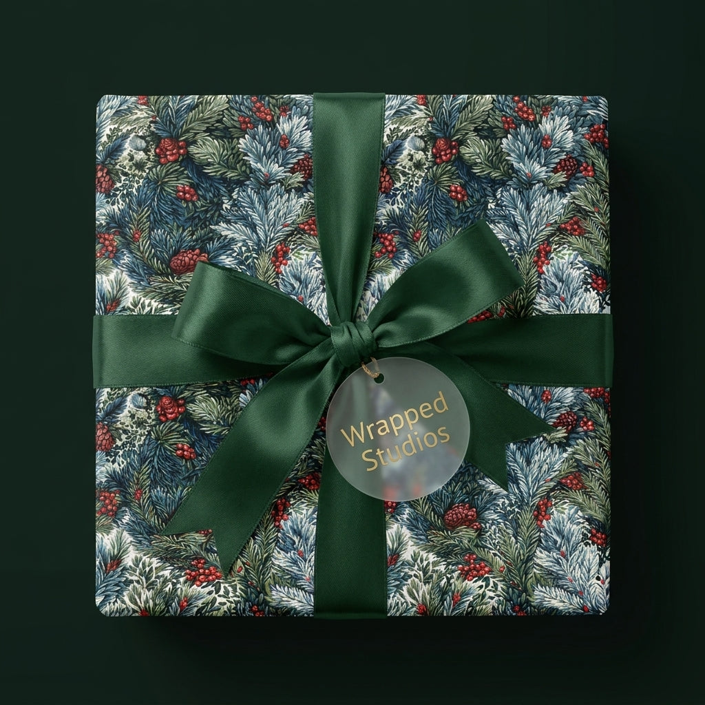 Vintage botanical Christmas wrapping paper with a green satin bow by Wrapped Studios.