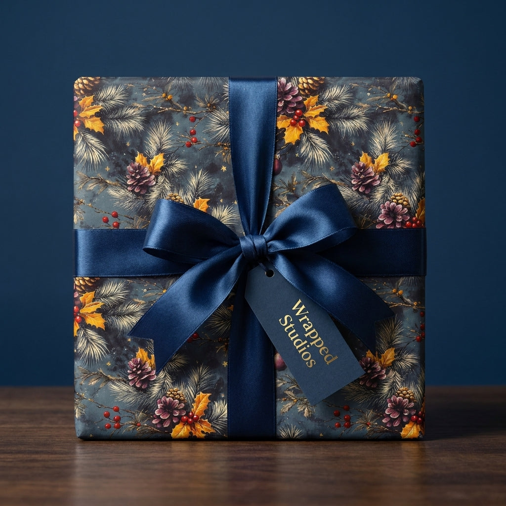 Luxury Christmas wrapping paper with winter botanical design and navy blue ribbon by Wrapped Studios.