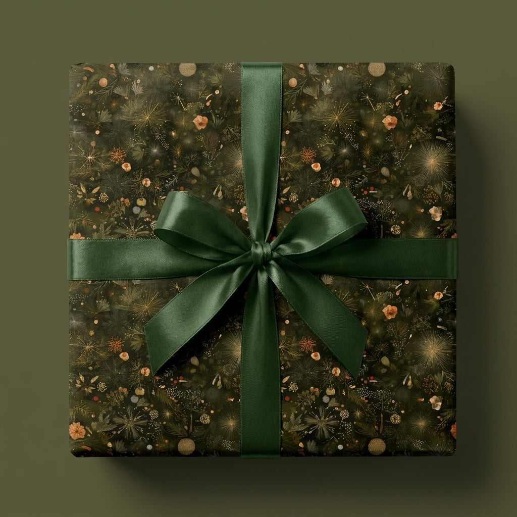 Luxury forest green Christmas gift wrap with botanical pattern and satin bow by Wrapped Studios.