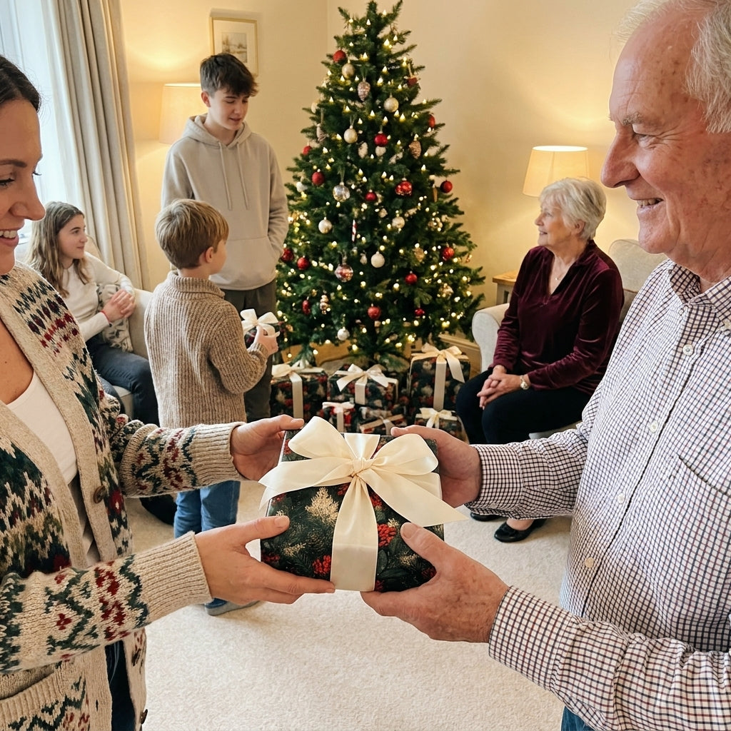 Family sharing gifts wrapped in green botanical Christmas wrapping paper by Wrapped Studios.