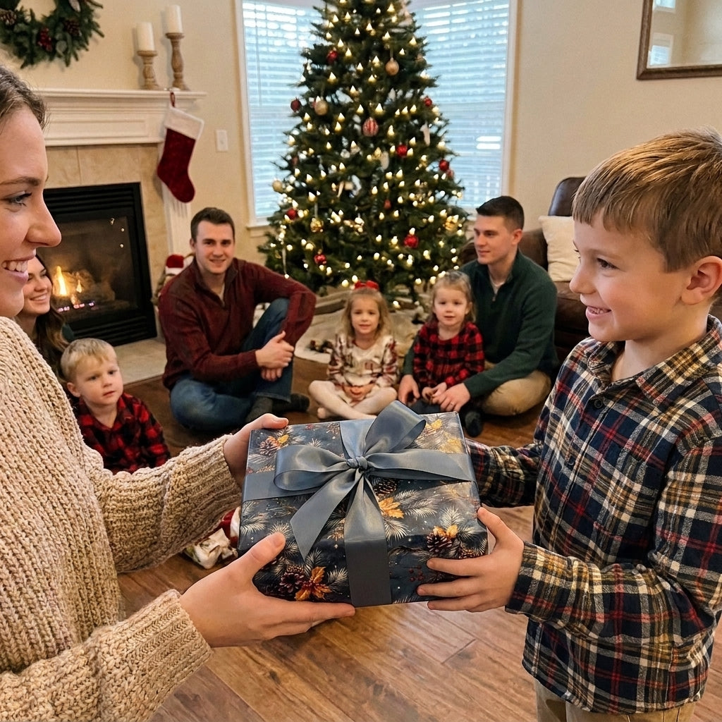 Boy receives a present in luxury navy botanical Christmas gift wrap by Wrapped Studios.