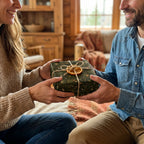 Couple exchanging a Christmas gift in rustic green botanical holiday wrapping paper by Wrapped Studios.