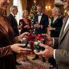 Luxury floral Christmas wrapping paper with a red bow on a gift being exchanged at a holiday party. Wrapped Studios.